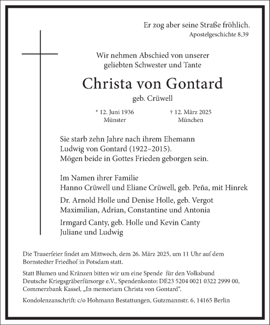 Traueranzeige von Christa von Gontard von Frankfurter Allgemeine Zeitung