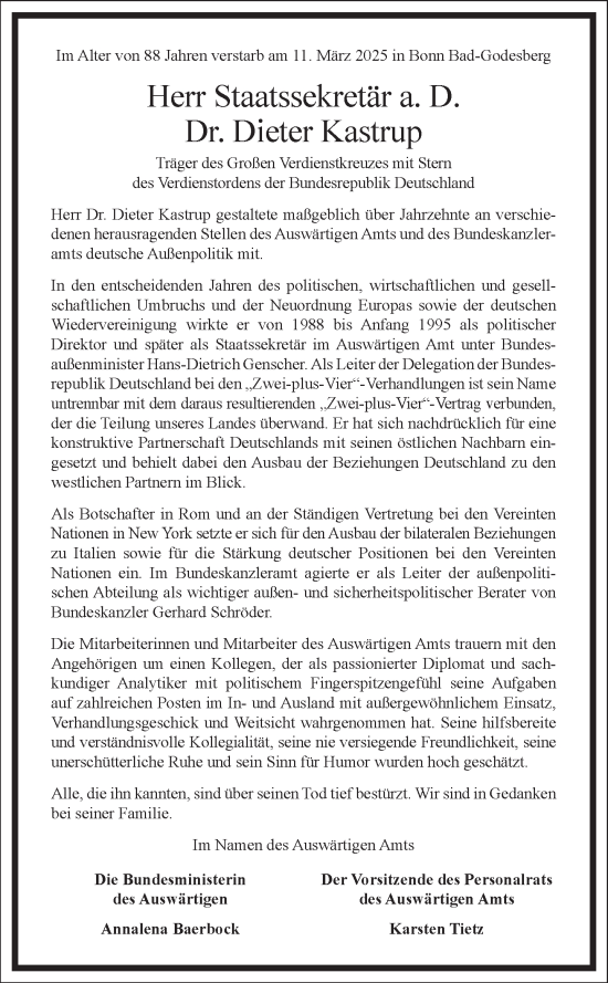 Traueranzeige von Dieter Kastrup von Frankfurter Allgemeine Zeitung