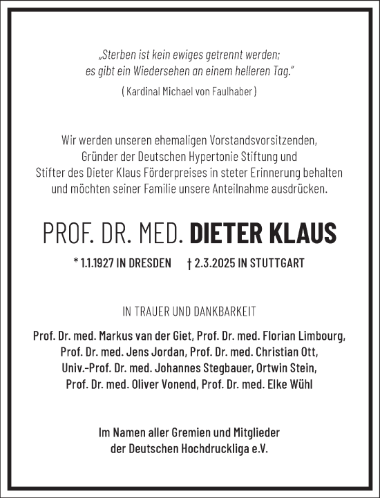 Traueranzeige von Dieter Klaus von Frankfurter Allgemeine Zeitung