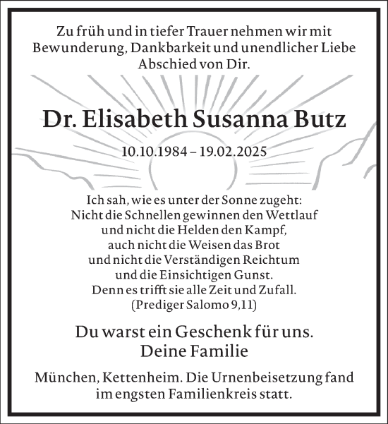 Traueranzeige von Elisabeth  Butz von Frankfurter Allgemeine Zeitung