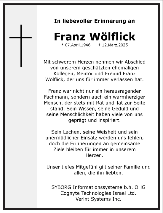 Traueranzeige von Franz Wölflick von Frankfurter Allgemeine Zeitung