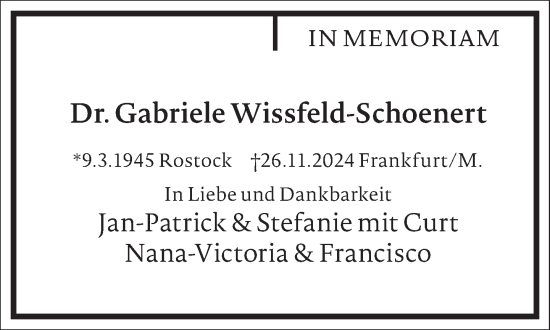 Traueranzeige von Gabriele Wissfeld-Schoenert von Frankfurter Allgemeine Zeitung