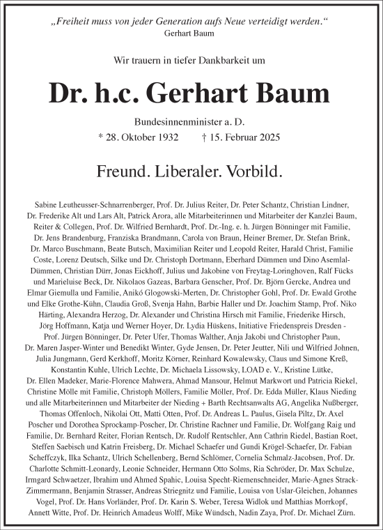 Traueranzeige von Gerhart Baum von Frankfurter Allgemeine Zeitung