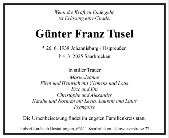 Traueranzeige von Günter Franz Tusel von Frankfurter Allgemeine Zeitung