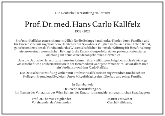 Traueranzeige von Hans Carlo Kallfelz von Frankfurter Allgemeine Zeitung