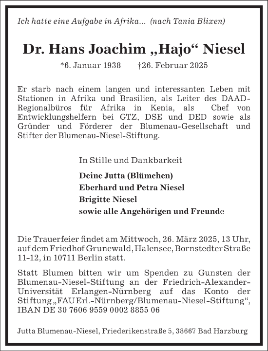 Traueranzeige von Hans Joachim Niesel von Frankfurter Allgemeine Zeitung