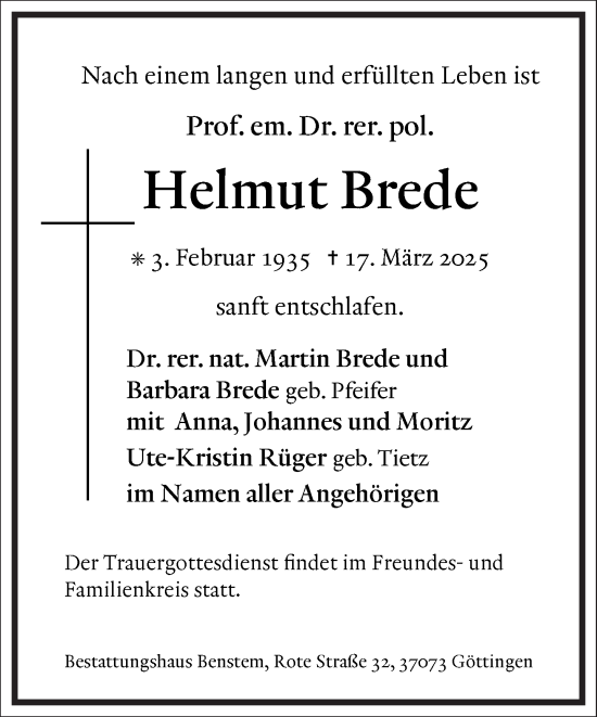 Traueranzeige von Helmut Brede von Frankfurter Allgemeine Zeitung