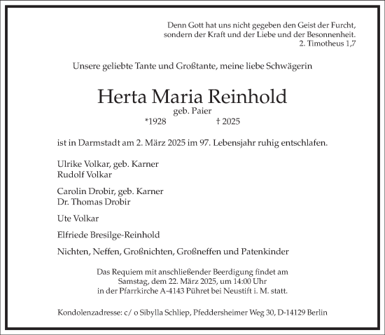 Traueranzeige von Herta Maria Reinhold von Frankfurter Allgemeine Zeitung