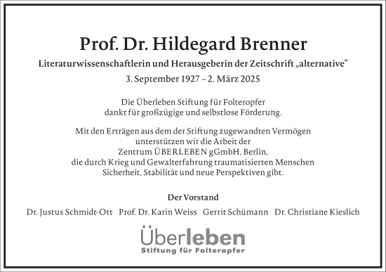 Traueranzeige von Hildegard Brenner von Frankfurter Allgemeine Zeitung