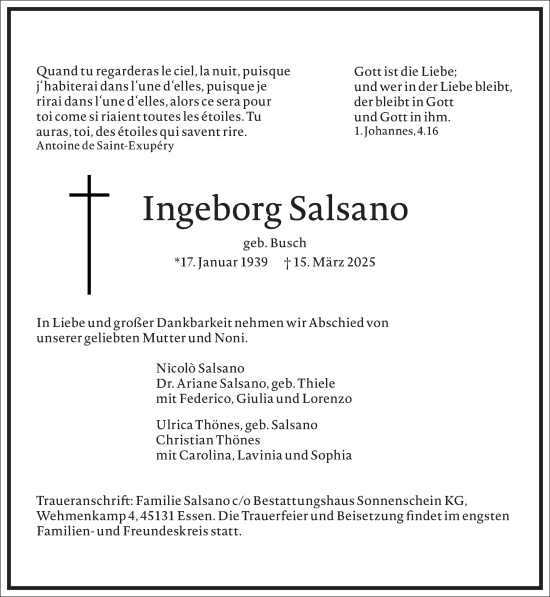 Traueranzeige von Ingeborg Salsano von Frankfurter Allgemeine Zeitung