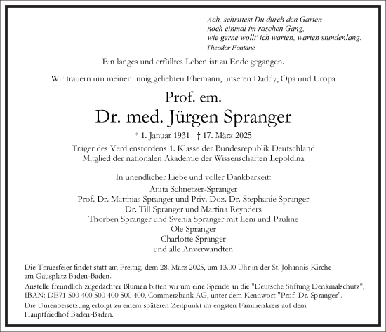 Traueranzeige von Jürgen Spranger von Frankfurter Allgemeine Zeitung