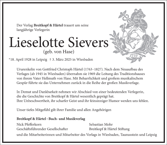 Traueranzeige von Lieselotte Sievers von Frankfurter Allgemeine Zeitung