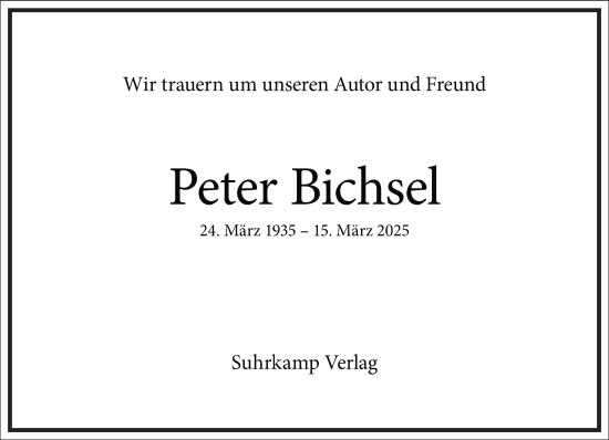 Traueranzeige von Peter Bichsel von Frankfurter Allgemeine Zeitung