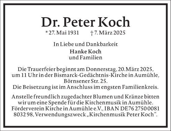 Traueranzeige von Peter Koch von Frankfurter Allgemeine Zeitung