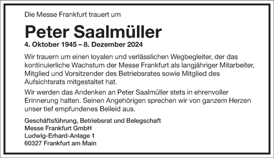 Traueranzeige von Peter Saalmüller von Frankfurter Allgemeine Zeitung