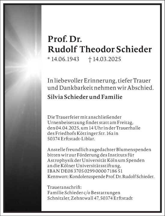 Traueranzeige von Rudolf Theodor Schieder von Frankfurter Allgemeine Zeitung