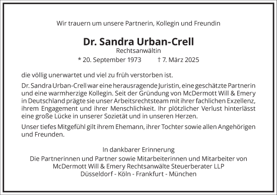 Traueranzeige von Sandra Urban-Crell von Frankfurter Allgemeine Zeitung