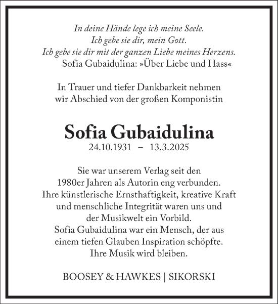 Traueranzeige von Sofia Gubaidulina von Frankfurter Allgemeine Zeitung