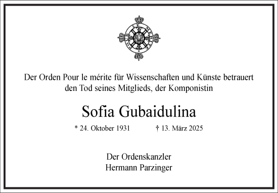 Traueranzeige von Sofia Gubaidulina von Frankfurter Allgemeine Zeitung