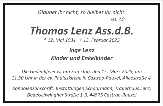 Traueranzeige von Thomas Lenz von Frankfurter Allgemeine Zeitung