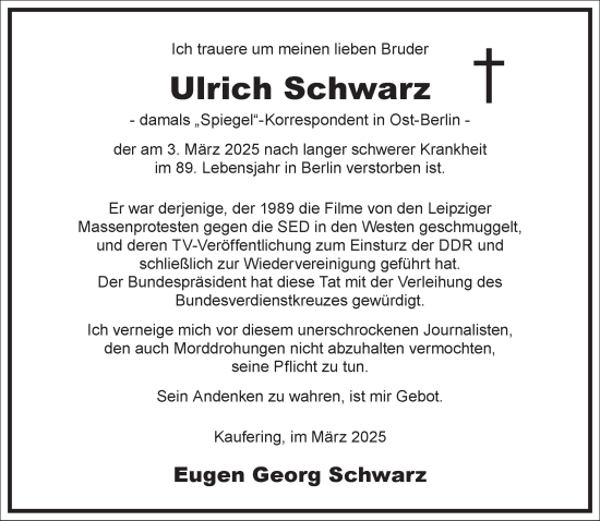 Traueranzeige von Ulrich Schwarz von Frankfurter Allgemeine Zeitung