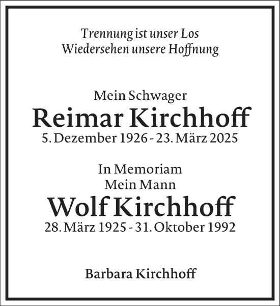 Traueranzeige von Wolf Kirchhoff von Frankfurter Allgemeine Zeitung