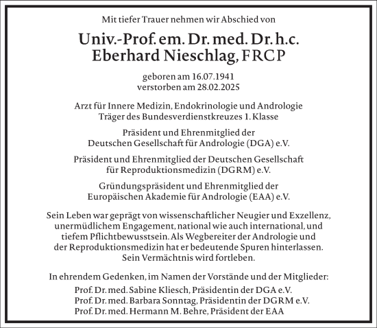 Traueranzeige von Eberhard Nieschlag von Frankfurter Allgemeine Zeitung
