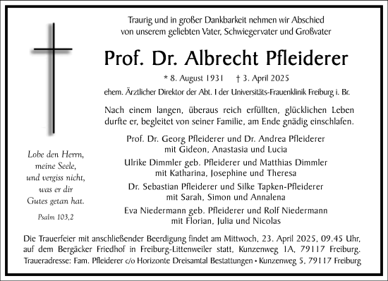 Traueranzeige von Albrecht Pfleiderer von Frankfurter Allgemeine Zeitung