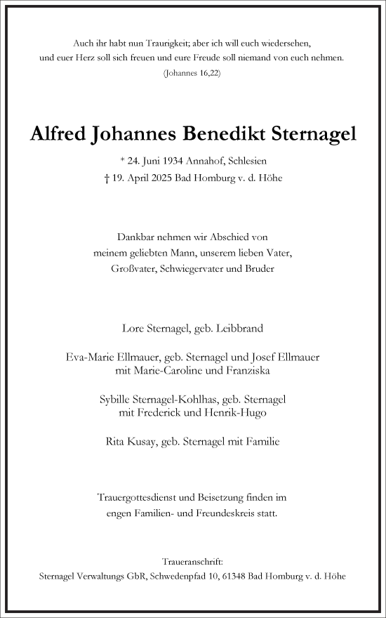 Traueranzeige von Alfred  Sternagel von Frankfurter Allgemeine Zeitung