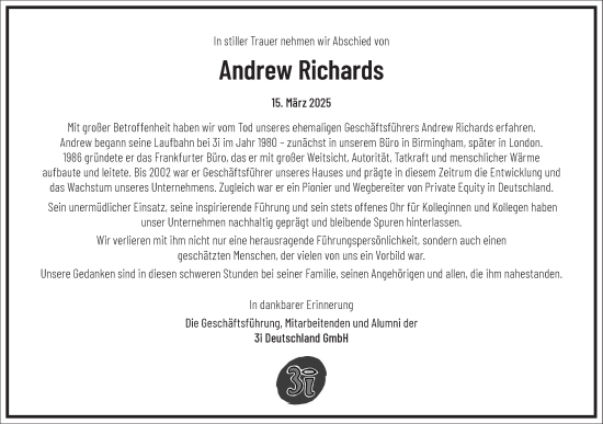 Traueranzeige von Andrew Richards von Frankfurter Allgemeine Zeitung