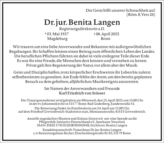 Traueranzeige von Benita Langen von Frankfurter Allgemeine Zeitung