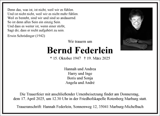 Traueranzeige von Bernd Federlein von Frankfurter Allgemeine Zeitung