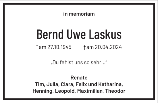 Traueranzeige von Bernd Uwe Laskus von Frankfurter Allgemeine Zeitung