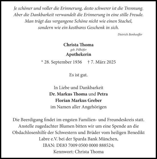 Traueranzeige von Christa Thoma von Frankfurter Allgemeine Zeitung