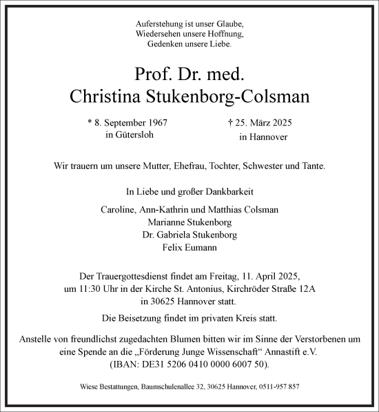 Traueranzeige von Christina Stukenborg-Colsman von Frankfurter Allgemeine Zeitung