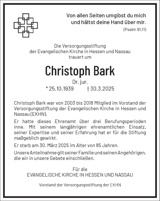 Traueranzeige von Christoph Bark von Frankfurter Allgemeine Zeitung
