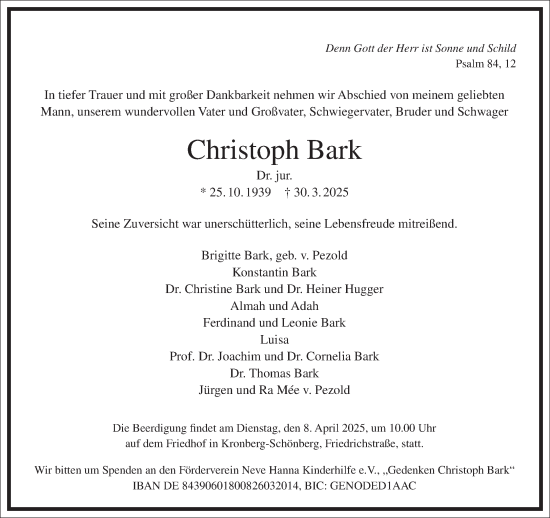 Traueranzeige von Christoph Bark von Frankfurter Allgemeine Zeitung