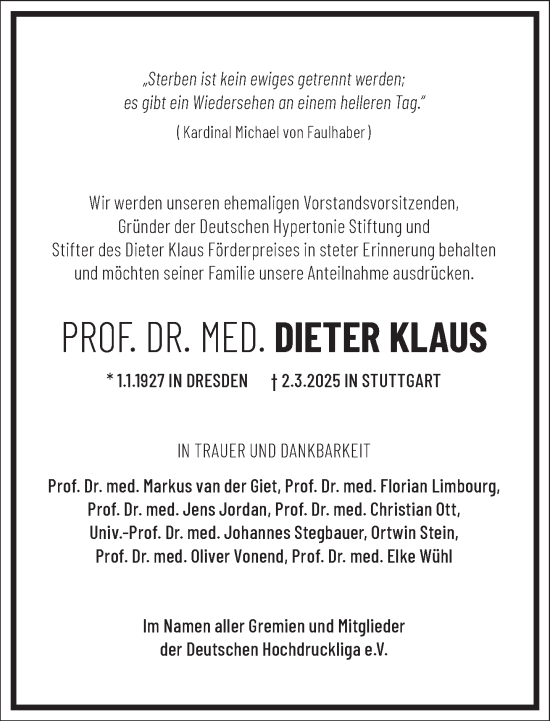 Traueranzeige von Dieter Klaus von Frankfurter Allgemeine Zeitung