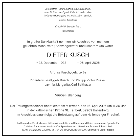 Traueranzeige von Dieter Kusch von Frankfurter Allgemeine Zeitung