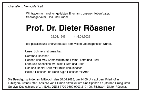 Traueranzeige von Dieter Rössner von Frankfurter Allgemeine Zeitung