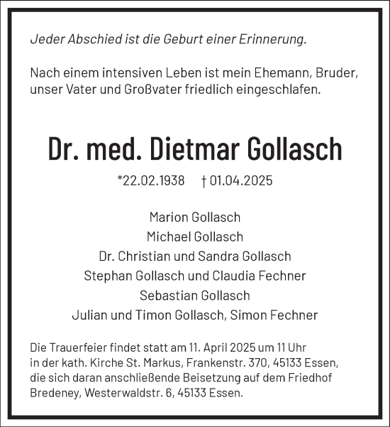 Traueranzeige von Dietmar Gollasch von Frankfurter Allgemeine Zeitung