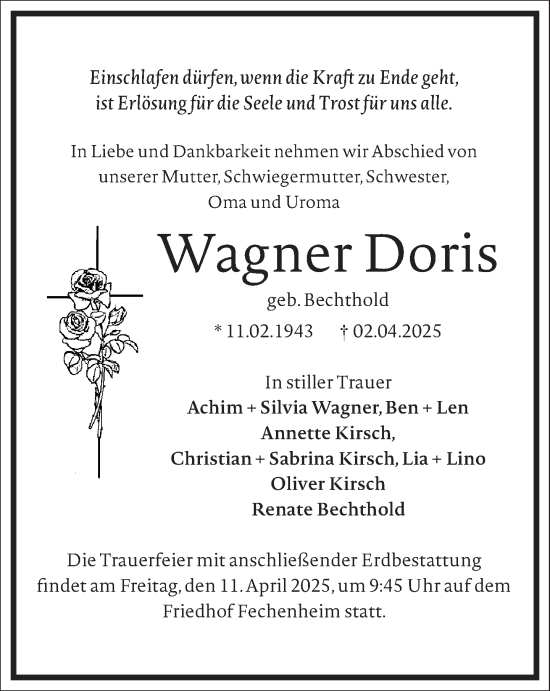 Traueranzeige von Doris Wagner von Frankfurter Allgemeine Zeitung
