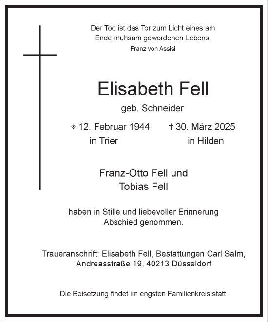 Traueranzeige von Elisabeth Fell von Frankfurter Allgemeine Zeitung