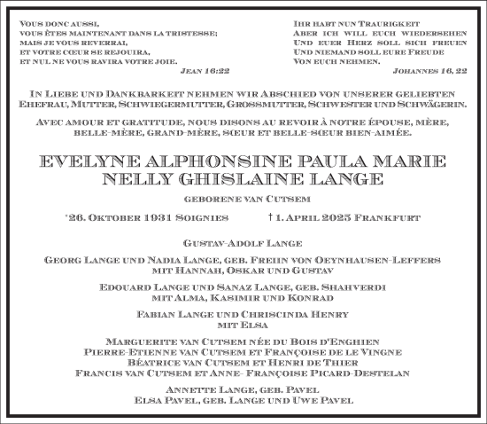 Traueranzeige von Evelyne Lange von Frankfurter Allgemeine Zeitung