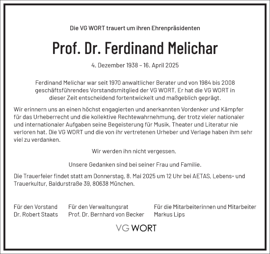 Traueranzeige von Ferdinand Melichar von Frankfurter Allgemeine Zeitung