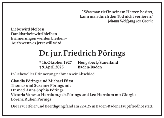 Traueranzeige von Friedrich Pörings von Frankfurter Allgemeine Zeitung