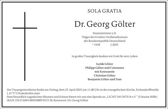 Traueranzeige von Georg Gölter von Frankfurter Allgemeine Zeitung