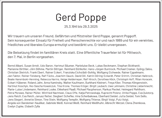 Traueranzeige von Gerd Poppe von Frankfurter Allgemeine Zeitung