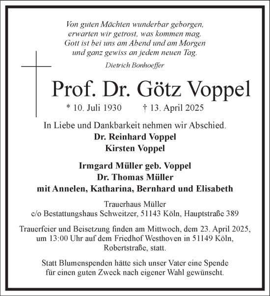 Traueranzeige von Götz Voppel von Frankfurter Allgemeine Zeitung
