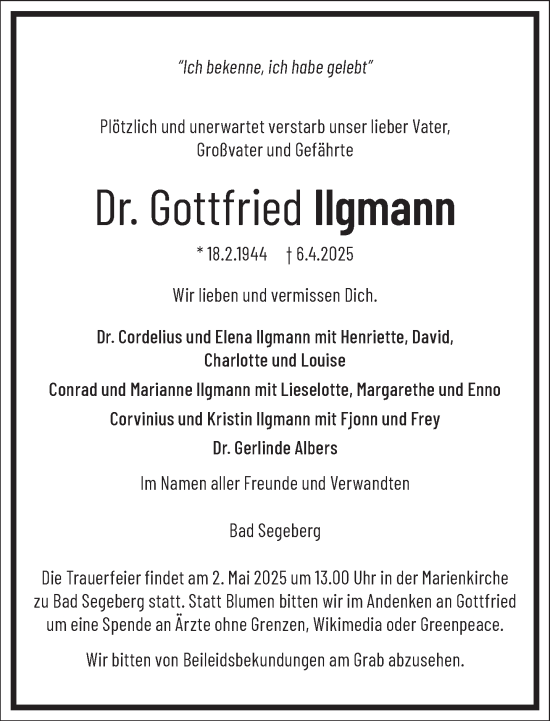 Traueranzeige von Gottfried Ilgmann von Frankfurter Allgemeine Zeitung